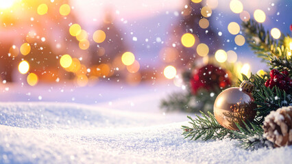 Christmas greeting card. Festive decoration on bokeh background. New Year concept. Copy space.