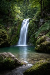 Peaceful waterfall flowing into clear turquoise pool surrounded by moss-covered rocks and lush green forest, serene natural landscape in soft daylight
