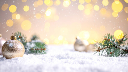 Christmas greeting card. Festive decoration on bokeh background. New Year concept. Copy space.
