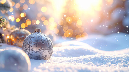 Christmas balls on snow with bokeh background, winter holiday concept