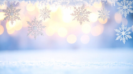 Christmas background with bokeh lights and snowflakes.