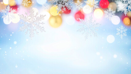 Christmas background with bokeh lights and snowflakes.