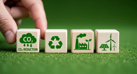 CO2 reduction economy carbon neutral recycling renewable energy sustainable industry green technology environmental concept showing blocks with icons and hand placing one block