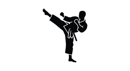 Dynamic silhouette of a martial artist performing a high side kick in a traditional karate gi silhouette