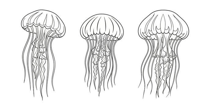 Simple line drawing of three jellyfish with flowing tentacles illustrated