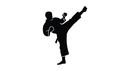 Dynamic martial arts silhouette of a karate practitioner performing a powerful high side kick in a striking pose silhouette