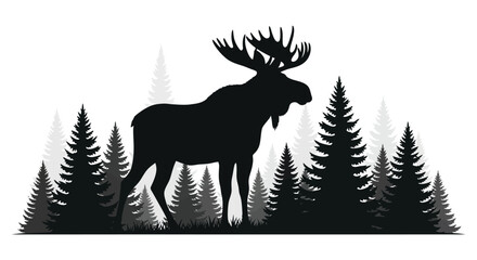 Majestic moose standing tall among coniferous trees in a striking black and white silhouette