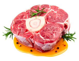 Raw osso buco cut, drizzled with golden liquid, garnished with rosemary on a black background