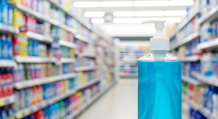 Hand sanitizer close up shot with blurred background of supermarket shelves showing essential products on sale 110 chars