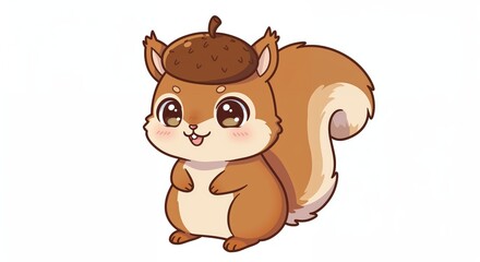 Obraz premium Charming Cartoon Squirrel: A delightful cartoon squirrel, with its adorable expression, fluffy fur and a cute acorn cap, radiates cuteness.