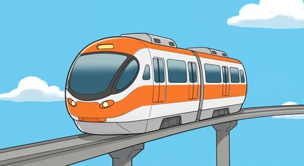 Fototapeta premium Monorail Transit: A vibrant orange monorail train, symbolizing efficient and modern public transit, gracefully traverses an elevated track against a clear sky.