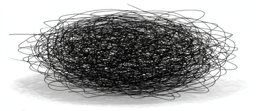 Scrawled ball of dark, entangled lines with soft shadow