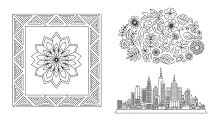 Intricate floral and geometric designs alongside a skyline illustration