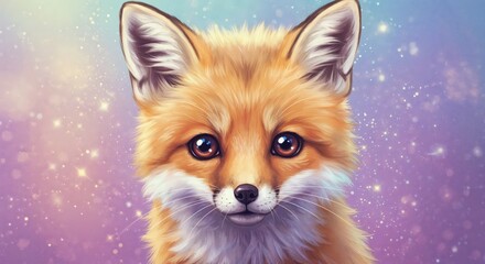 Curious Fox in a Dreamy World: A close-up of a charming fox, with its vibrant orange fur and intelligent eyes, appears as if in a celestial dreamscape.