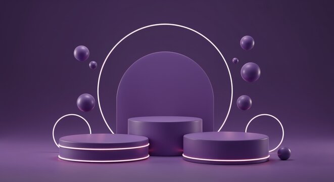 Purple Podium Display: An artistic, modern podium display in shades of purple, perfect for showcasing products or concepts. With sleek circular accents and floating spheres, the design offers a clean.