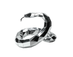 Faceted chrome snake coiled, with a tongue sticking out, shimmering on a black background in digital art