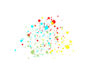 Colorful abstract paint splatter on white background creating a playful modern art texture. Bright red, yellow, blue, and green ink drops form a creative artistic pattern ideal for design 