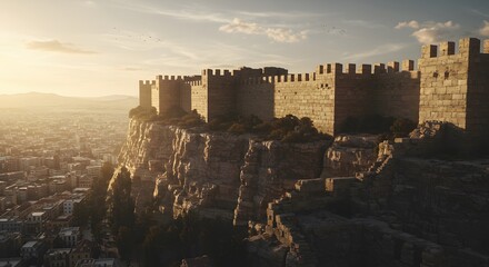 Epic castle on a cliff at sunset, ancient medieval fortress overlooking a city