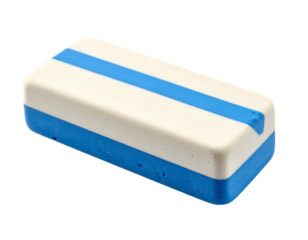 Rectangular eraser, white top with a blue stripe, resting on a blue bottom layer. Isolated on dark background