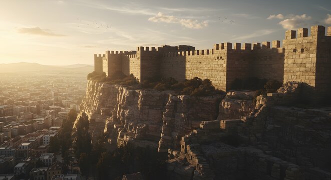 Epic castle on a cliff at sunset, ancient medieval fortress overlooking a city