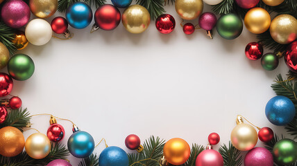 Colorful Christmas ornaments and pine branches arranged in a festive border frame