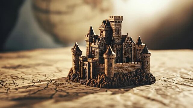 Miniature Medieval Castle Model Sitting on Old Map with Cracked Surface and Soft Lighting