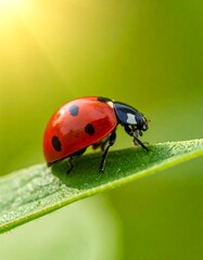 Fototapeta premium A macro shot of a ladybug on a vibrant green leaf