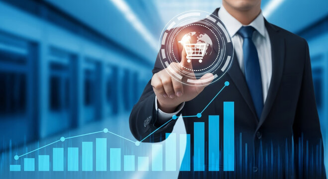 Businessman pointing at holographic shopping cart with globe and rising bar chart logistic solution e commerce growth technology innovation digital retail strategy - Powered by Adobe