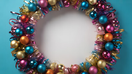 Colorful Christmas wreath adorned with shiny ornaments and ribbons against a blue background