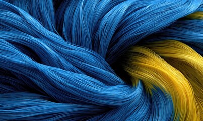 Swirling blue & yellow fibers form a textured abstract art