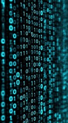 Binary code matrix glowing blue zeroes and ones in depth