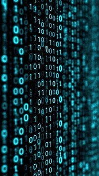 Binary code matrix glowing blue zeroes and ones in depth