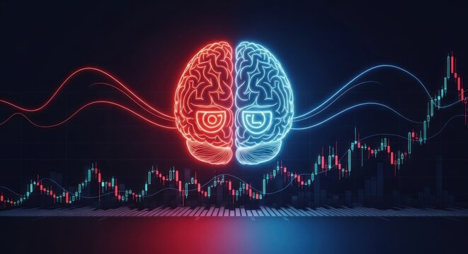 Conceptual illustration depicting two stylized glowing brain halves connected by flowing lines, positioned above a visual representation of financial market data with rising and falling trends, all... - Powered by Adobe