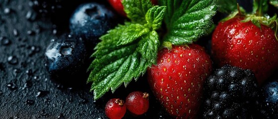 Assorted wet berries with mint on a dark surface