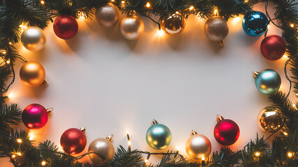 Christmas ornaments and lights arranged in a festive frame with pine branches