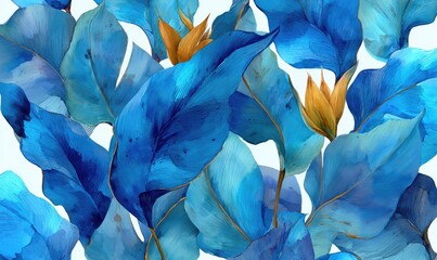 Blue leaves and golden flowers, a seamless botanical pattern