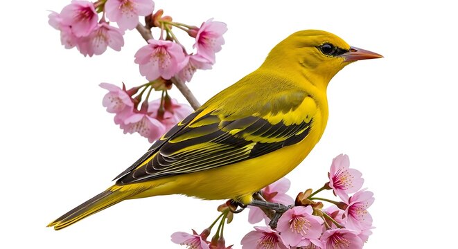 Golden oriole perched on a branch with pink blossoms isolated on white background