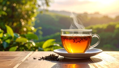 A steaming cup of tea on a wooden table outdoors, scenic background