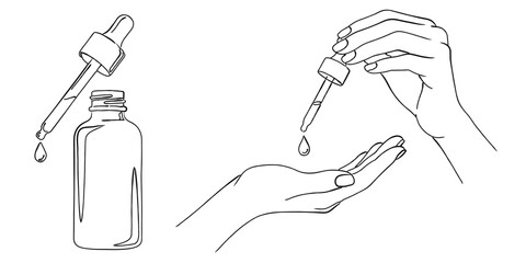 スポイトで美容液（またはオイル）を手に垂らす手の線画イラストセット,スキンケア,コスメ,ベクター