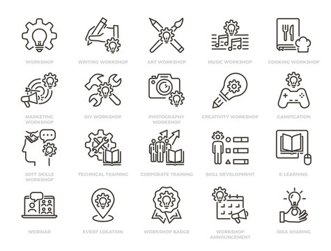 Workshop icon set. Training, skills, e-learning icons. Education, creativity, learning, DIY, marketing training, online classes. Thin line editable stroke vector illustrations.