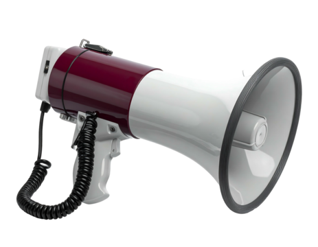 Red and white megaphone on a transparent background, angled to the right, showing coiled cord