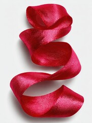 Red ribbon curls elegantly against a bright white backdrop
