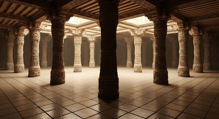 Empty square room with Rows of carved wooden columns