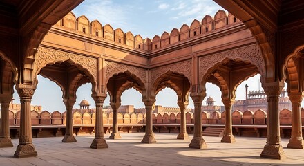 Empty square room with the courtyard of the Red Fort. Carved columns and arches made of sandstone. Protective wall around the perimeter