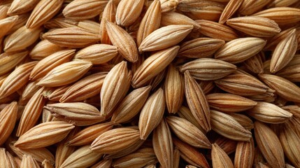 Close-up view of pile of golden, striped oat grains