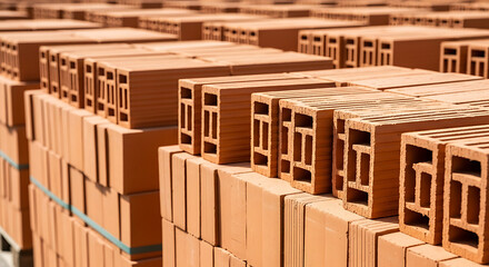 Stacks of Hollow Clay Bricks for Construction and Building Materials