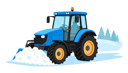 Naklejka premium Animated blue tractor clearing snow from a wintery road with snow piles