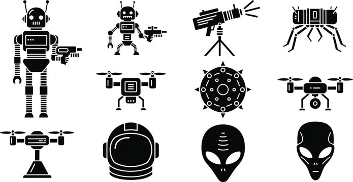 Futuristic technology icons including robots, drones, aliens, and space helmet