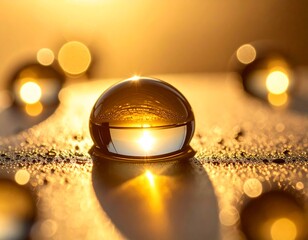 Close-up of a shiny golden sphere with a reflective surface, bokeh lights, and a warm glow on a metallic surface.