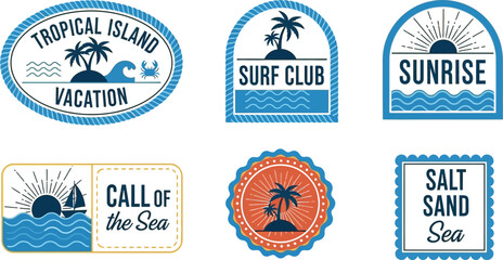Obraz premium Nautical emblems and badges featuring beach, sun, and surf themes.